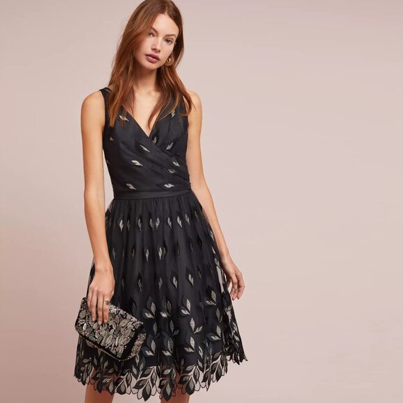 Anthropologie Shoshanna Joalyn Metallic Black Dress with Embroidered Gold Leaves